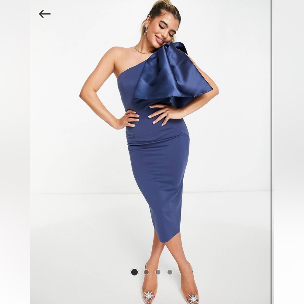 One-Shoulder Navy Bow Midi Dress